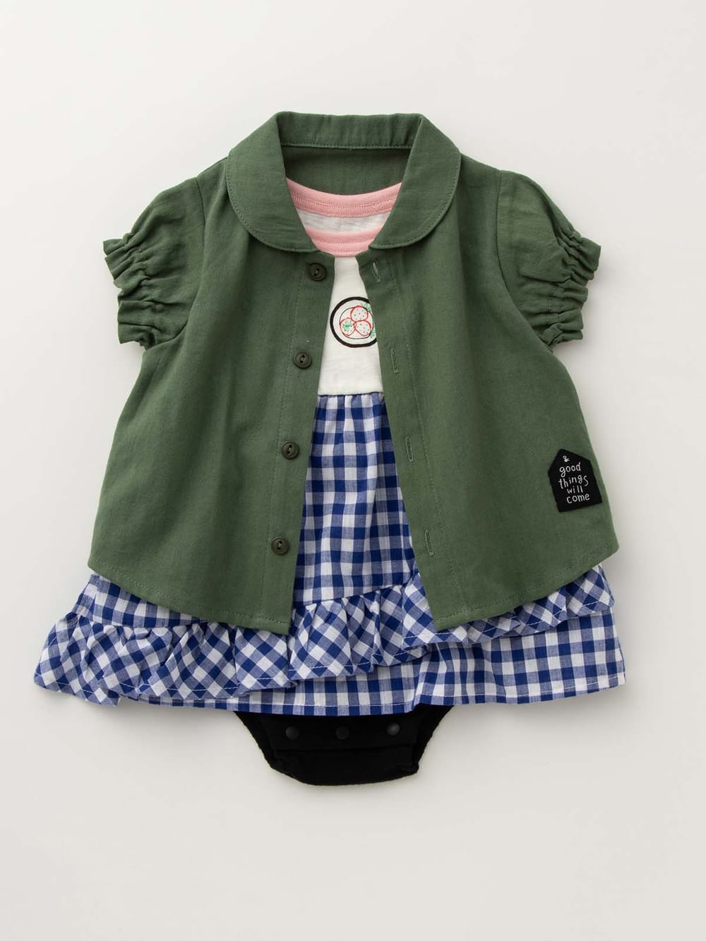 ロンパース・カバーオール|【ベビー服】Ampersand（アンパサンド）重ね着風スカートロンパース|カーキ