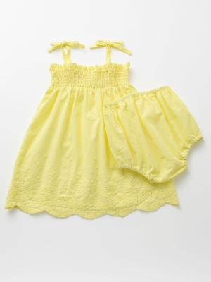 ベビー ワンピース|【ベビー服】【親子コーデ可】【3WAY】【セット】スカラップレースシャーリングキャミワンピース&ブルマセット|ペールイエロー