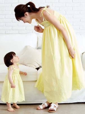 ベビー ワンピース|【ベビー服】【親子コーデ可】【3WAY】【セット】スカラップレースシャーリングキャミワンピース&ブルマセット|ペールイエロー