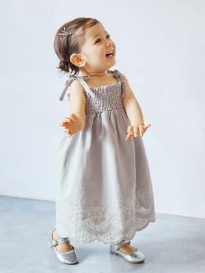 ベビー ワンピース|【ベビー服】【親子コーデ可】【3WAY】【セット】スカラップレースシャーリングキャミワンピース&ブルマセット|ライトグレー