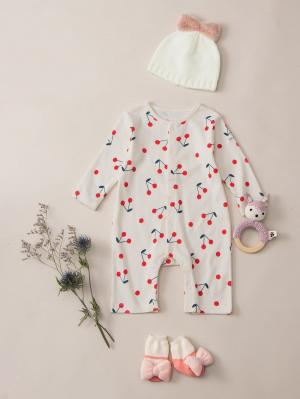 ロンパース・カバーオール|Baabook（バブーク）天竺前開き長袖ロンパース|チェリー ホワイト