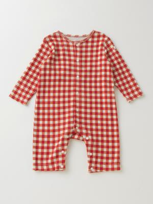 ロンパース・カバーオール|Baabook（バブーク）天竺前開き長袖ロンパース|ギンガム レッド