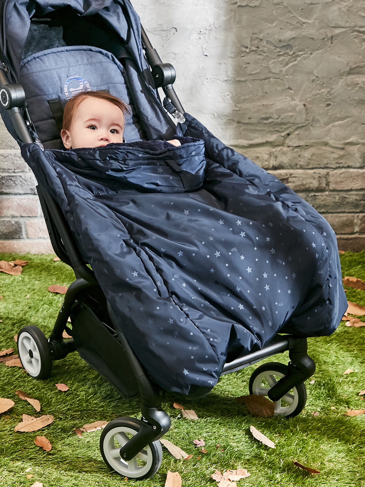 ベビーケープ|エンボス流星柄タフタ×シャギーフリースワンタッチケープ|ネイビー