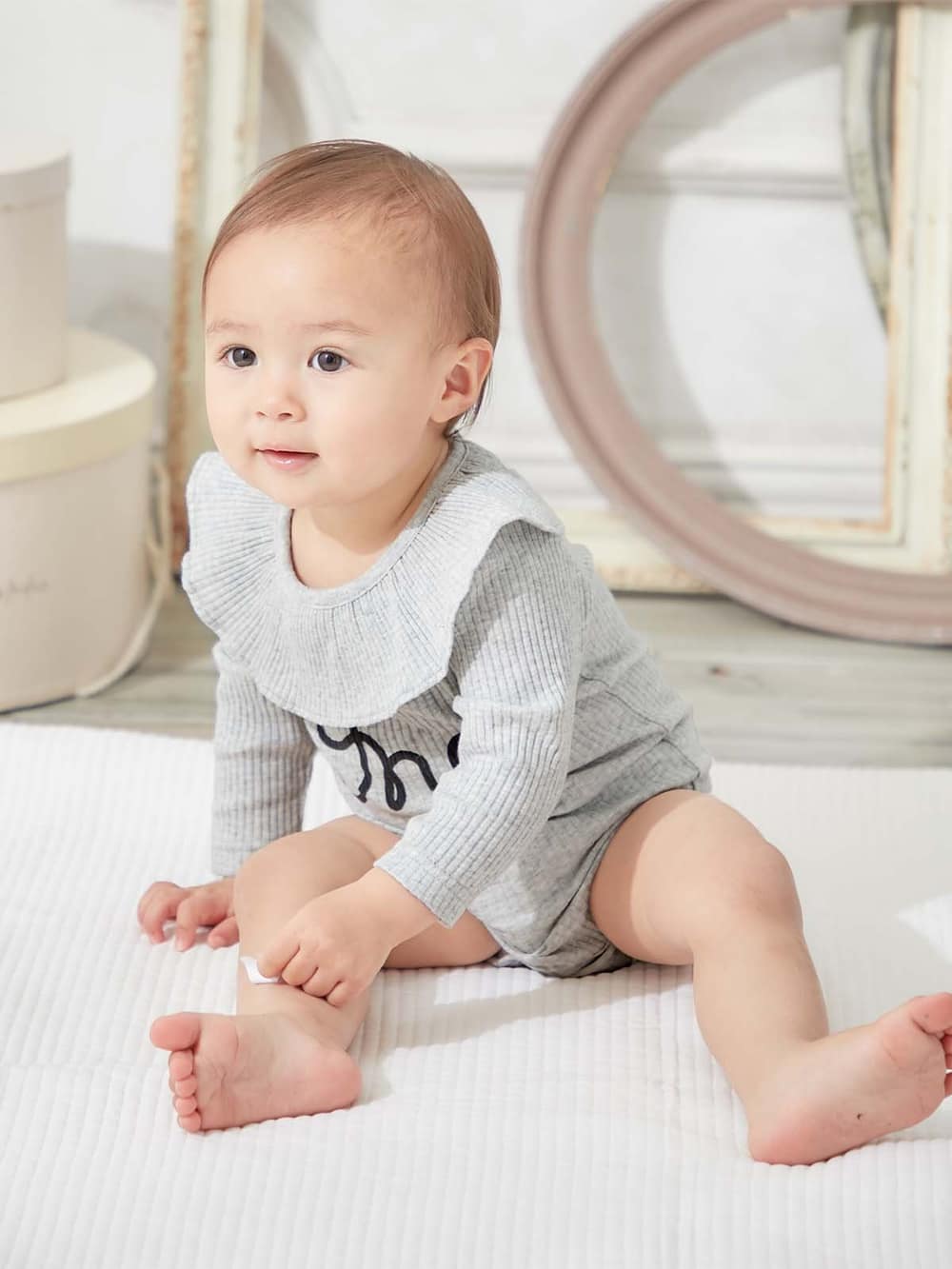 ロンパース・カバーオール|coto cotte（コトコト）衿フリルリブボディ|杢グレー