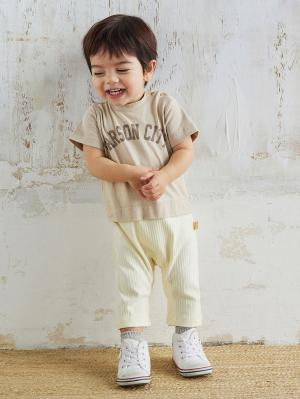 ロンパース・カバーオール|ANGELIEBEオリジナル  異素材ドッキングロゴロンパース|ベージュ×アイボリー