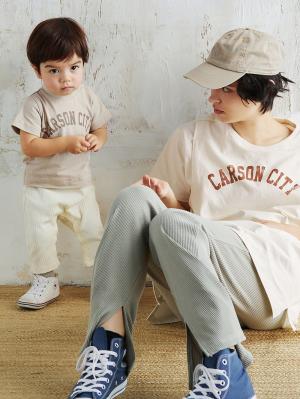 ロンパース・カバーオール|ANGELIEBEオリジナル  異素材ドッキングロゴロンパース|ベージュ×アイボリー