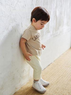 ロンパース・カバーオール|ANGELIEBEオリジナル  異素材ドッキングロゴロンパース|ベージュ×アイボリー