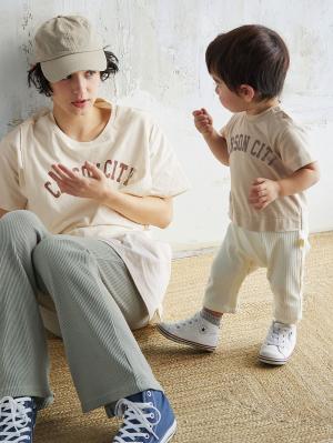 ロンパース・カバーオール|ANGELIEBEオリジナル  異素材ドッキングロゴロンパース|ベージュ×アイボリー