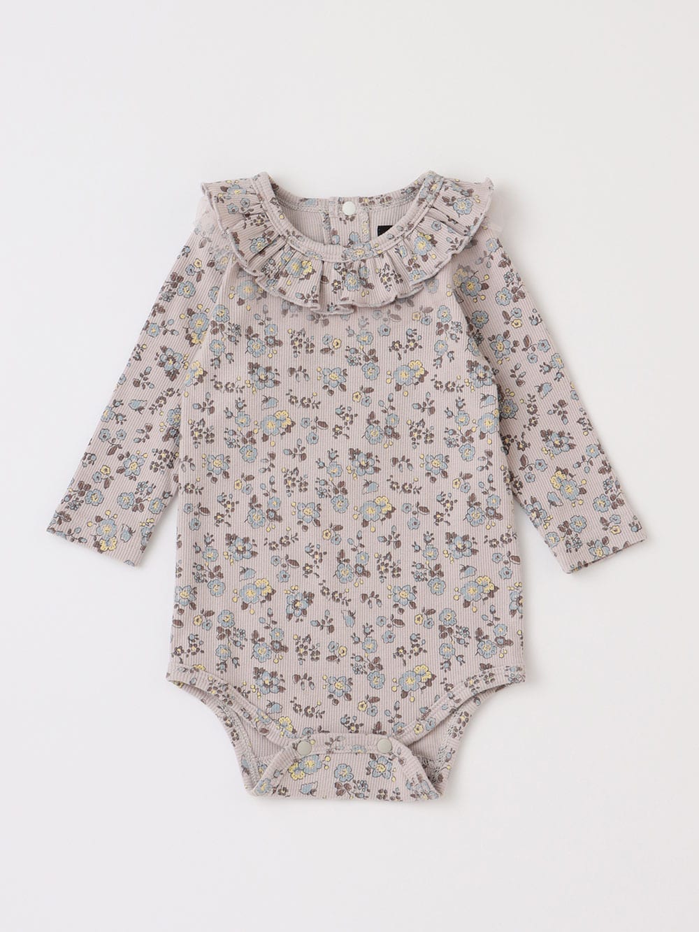 ロンパース・カバーオール|coto cotte（コトコト）花柄プリント フリル衿ボディ|モカ