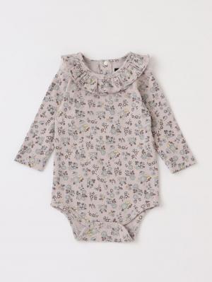 ロンパース・カバーオール|coto cotte（コトコト）花柄プリント フリル衿ボディ|モカ