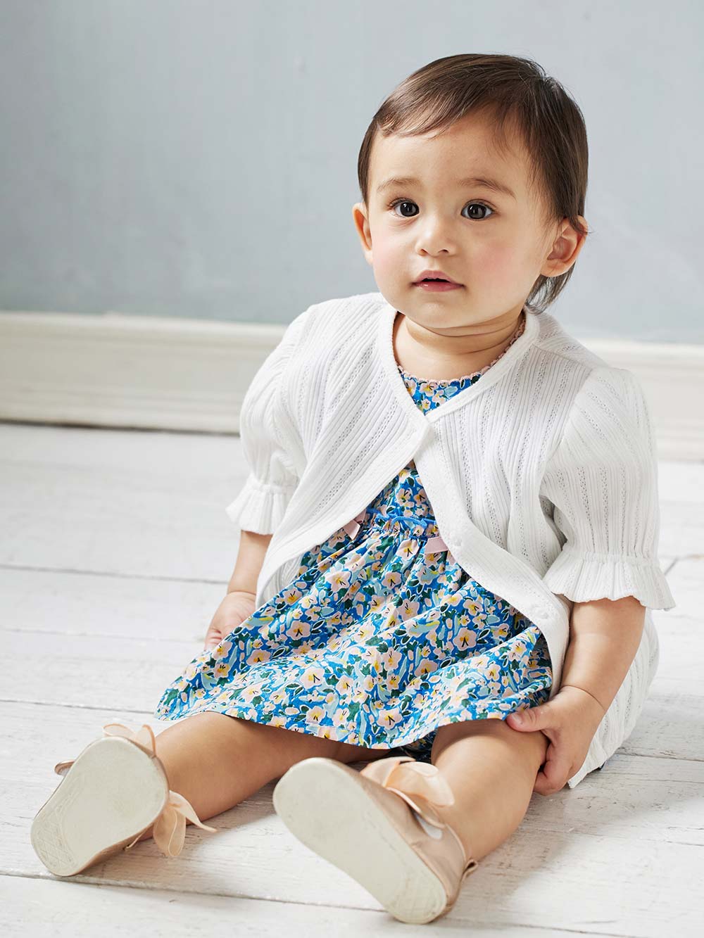 ベビー アウター|La Stella(ラ ステラ)透かし編み6分袖カーディガン|ホワイト