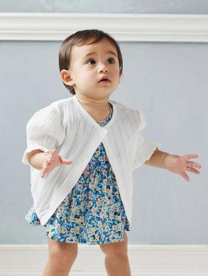 ベビー アウター|La Stella(ラ ステラ)透かし編み6分袖カーディガン|ホワイト