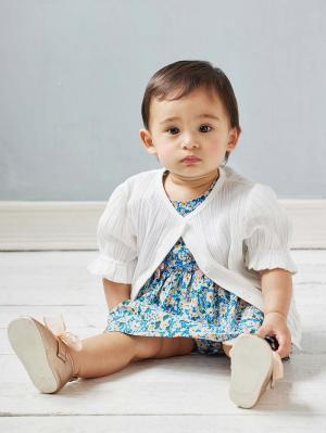 ベビー アウター|La Stella(ラ ステラ)透かし編み6分袖カーディガン|ホワイト