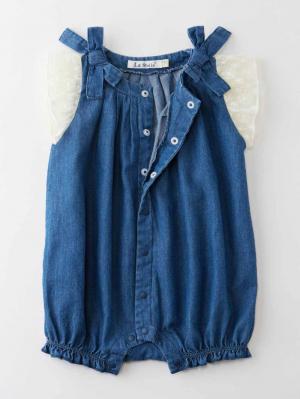 ロンパース・カバーオール|【La Stella】デニムリボンギャザーロンパース