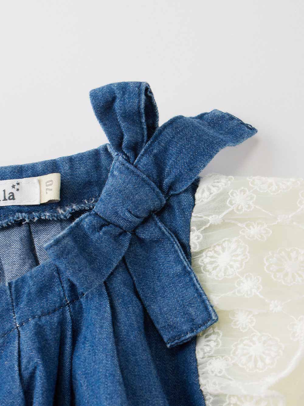 ロンパース・カバーオール|【La Stella】デニムリボンギャザーロンパース