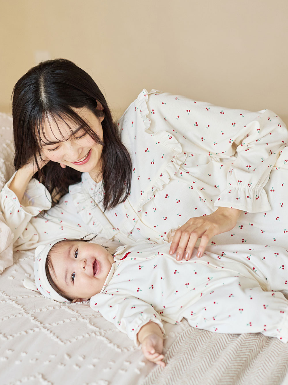 出産準備|【親子コーデ可】出産準備チェリー柄3点セット|レッド