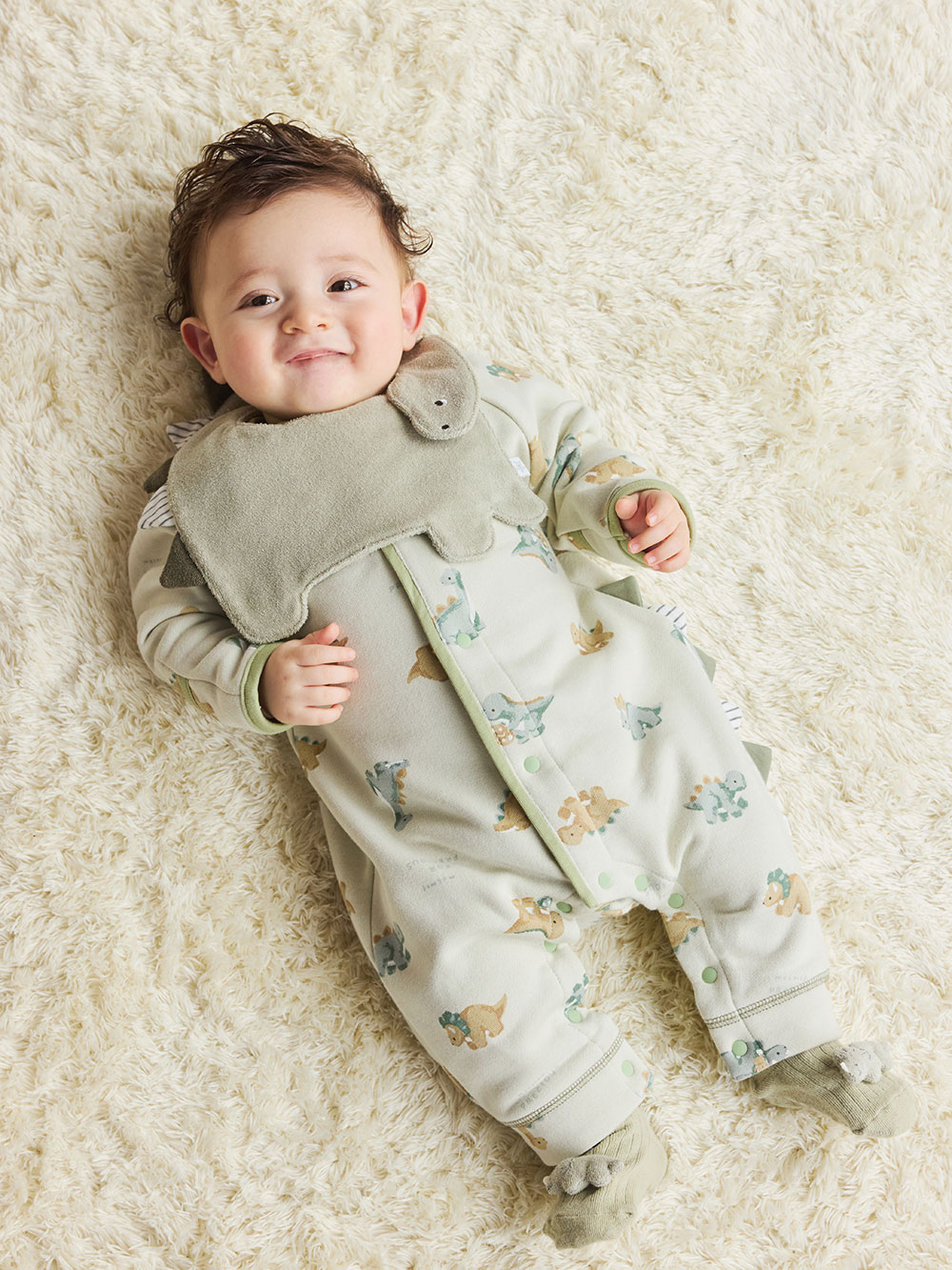 ロンパース・カバーオール|【mocmof】恐竜柄ロンパース|ライトグリーン