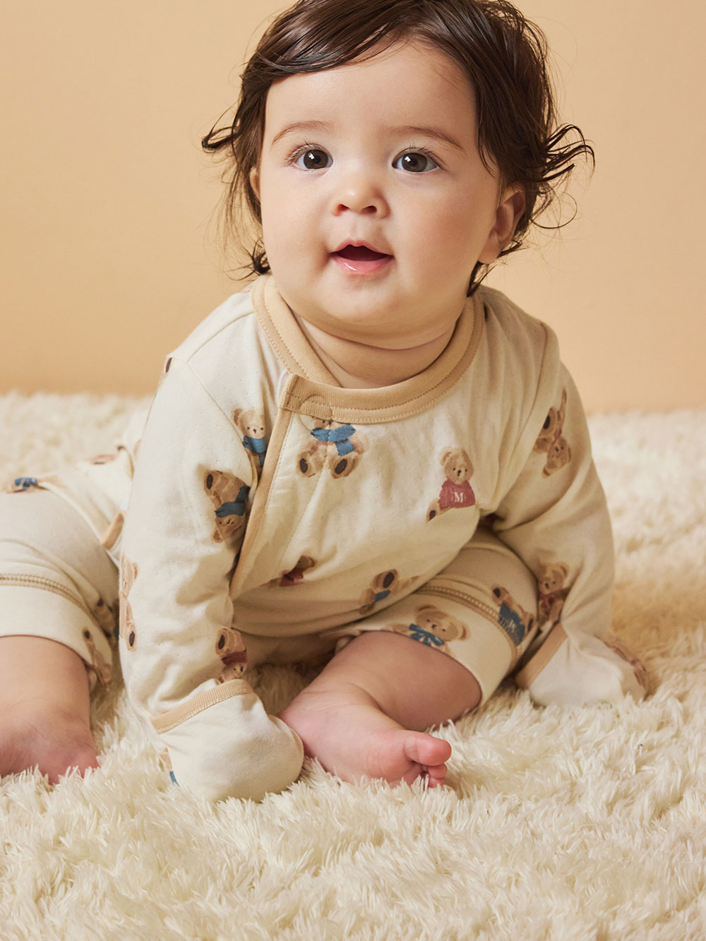 ロンパース・カバーオール|【mocmof】テディベア柄かんたんロンパース|アイボリー