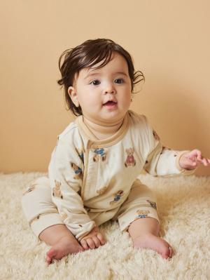 ロンパース・カバーオール|【mocmof】テディベア柄かんたんロンパース|アイボリー