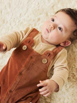 ロンパース・カバーオール|【mocmof】サロペット重ね着風カバーオール|ブラウン