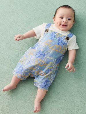 ロンパース・カバーオール|【La Stella】恐竜柄サロペットロンパース|ブルー