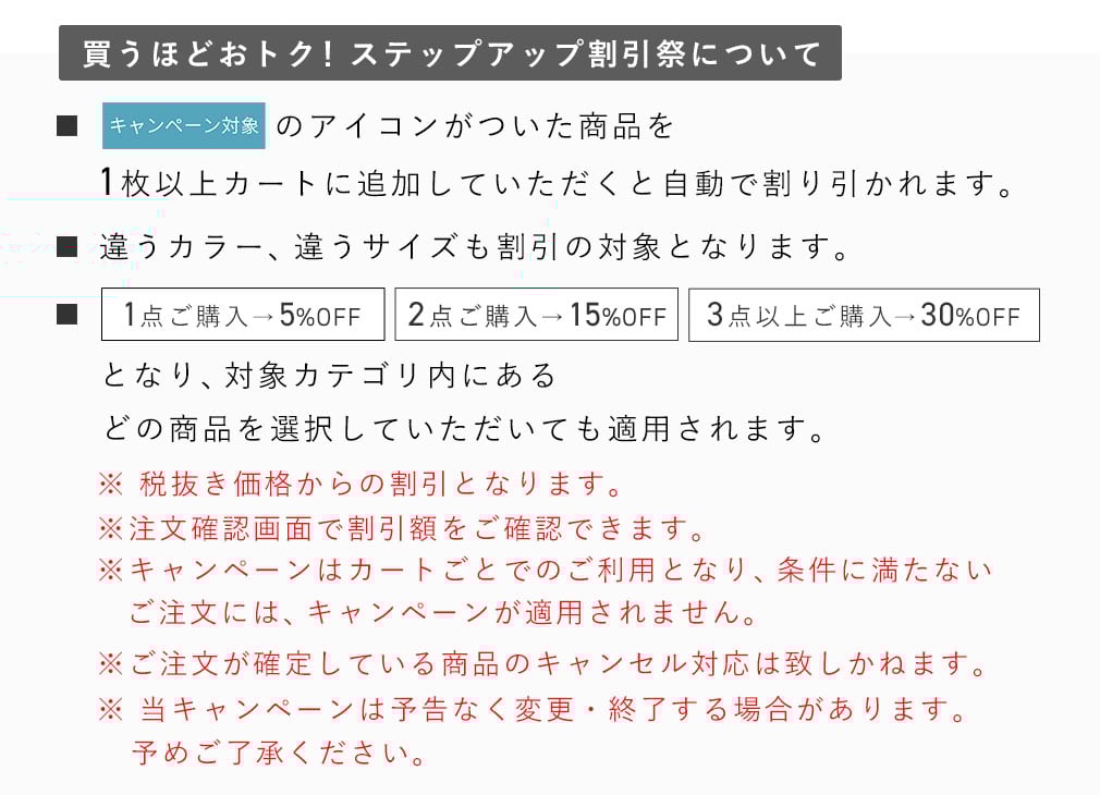買うほどおトク!ステップアップ割引祭キャンペーン注意文