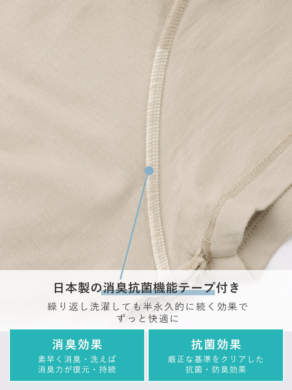 日本製の消臭抗菌機能テープ付き 繰り返し洗濯しても半永久的に続く効果でずっと快適に