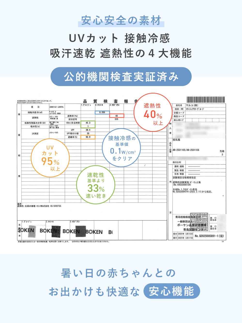 安全安心の素材。UVカット 接触冷感 吸汗速乾 遮熱性
