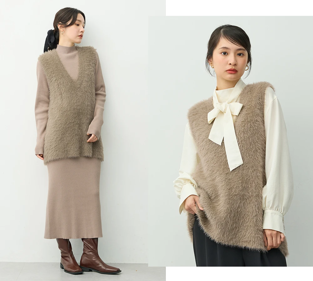 【セット】シャギーニットジレ＆リブワンピース
