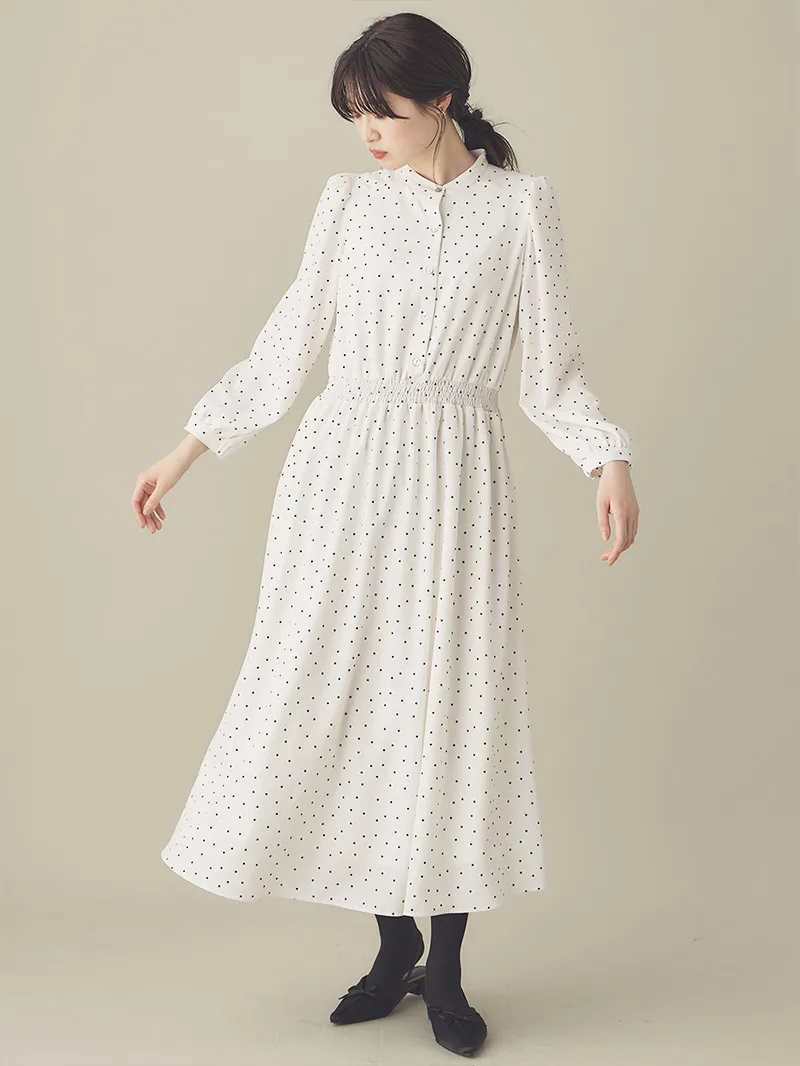 バンドカラーウエストシャーリング ドットワンピース